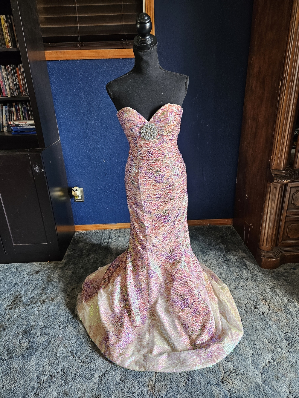 Jovani Strapless Sequin Mermaid Gown in Multicolor Pastels size 0